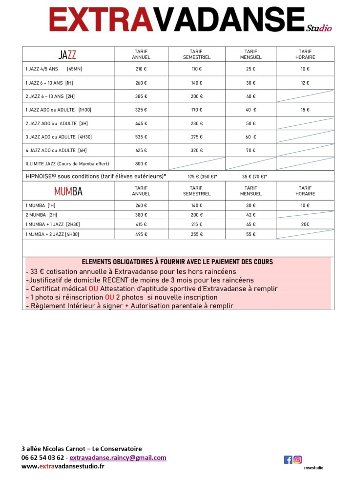 Tarifs Extravadanse pour année 2025/2026