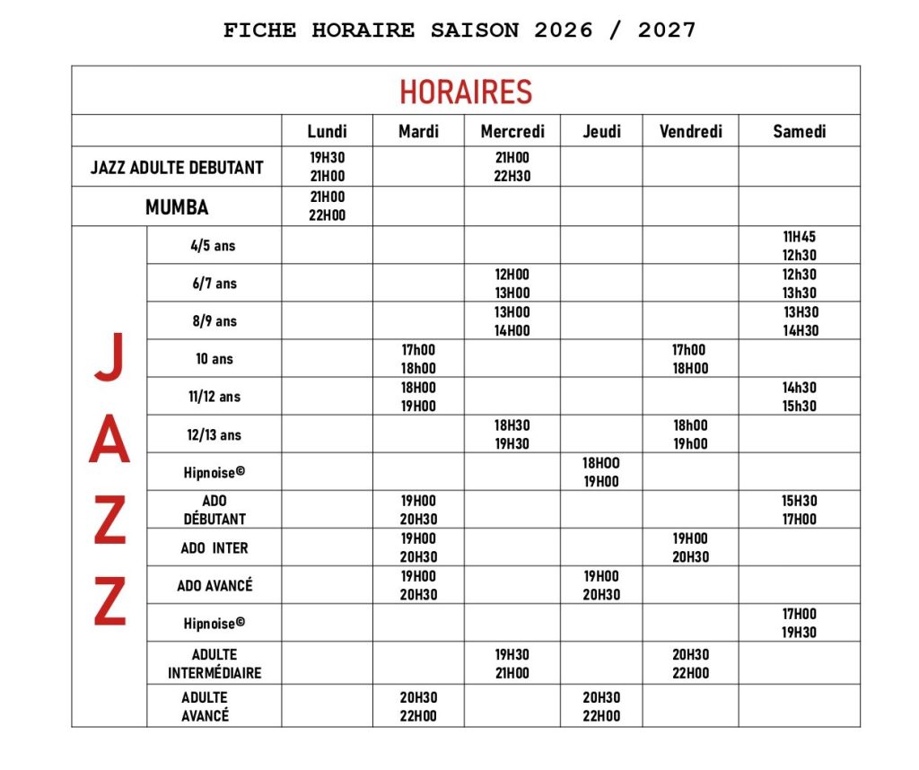 fiche horaire extravadanse 2026-2027